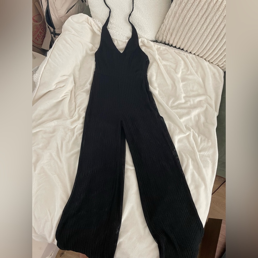 Knit backless halter jumpsuit